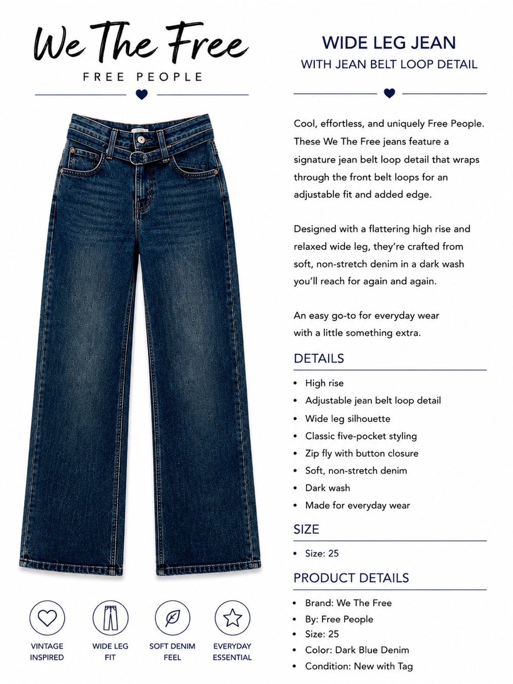 We The Free Wide Leg Dark Blue Jeans with Belt Loop Detail